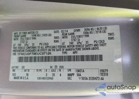 2014 Ford Escape S из США, поврежденный, VIN 1FMCU0F79EUC57126